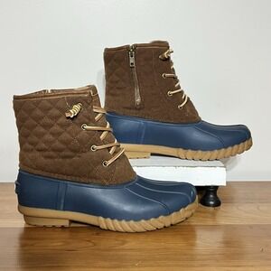 STQ Quilted Waterproof Duck Boots Size 10 Navy Blue & Brown Winter Outdoors